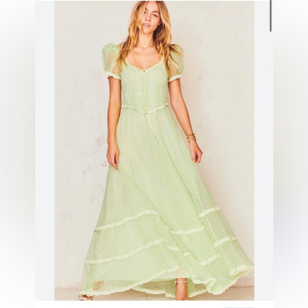 LoveShackFancy Embroidered Green Silk Tiered Maxi Dress